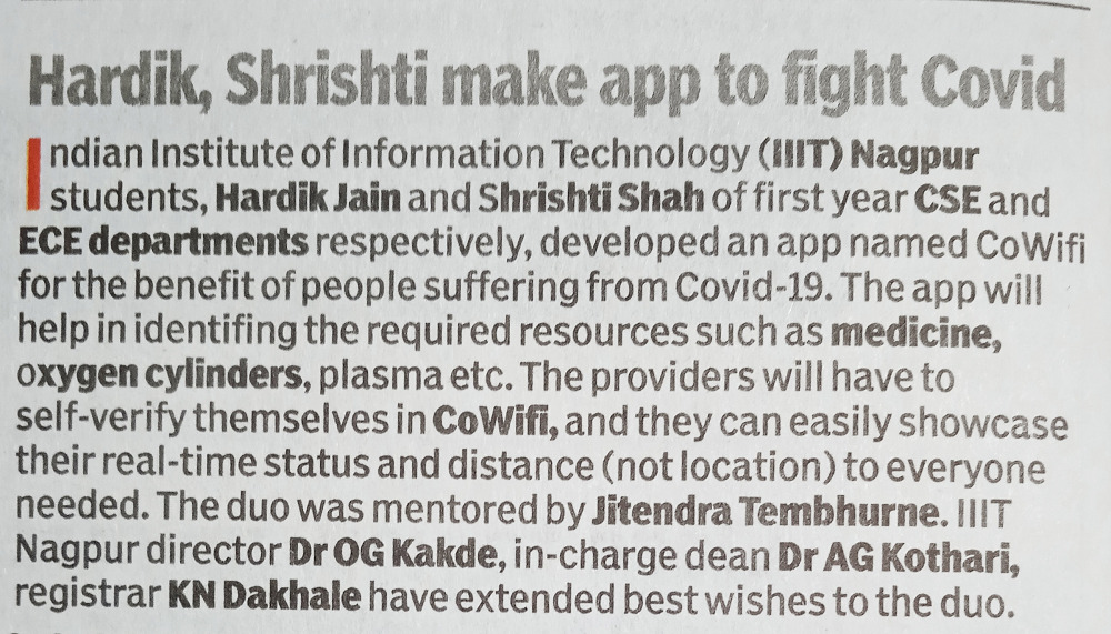 IIIT Nagpur students Hardik Jain from ECE and Shrishti Shah from CSE developed an Apps to fight against COVID-19