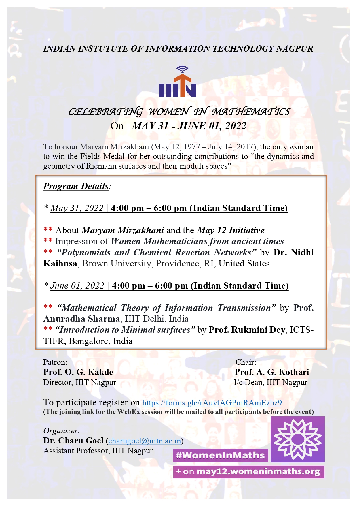 Online International Event - Celebrating Women in Mathematics from May 31 - June 01, 2022 - Organised by Department of Basic Sciences, IIIT Nagpur - Coordinator Dr. Charu Goel