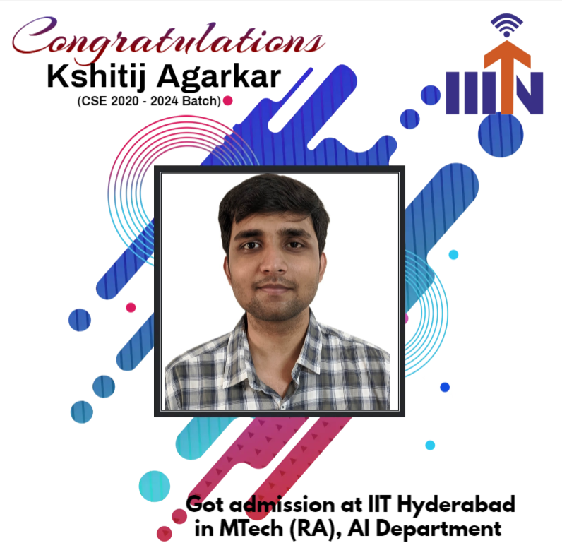 Kshitij Agarkar  got admission at IIT Hyderabad for MTech(RA) in AI Department.